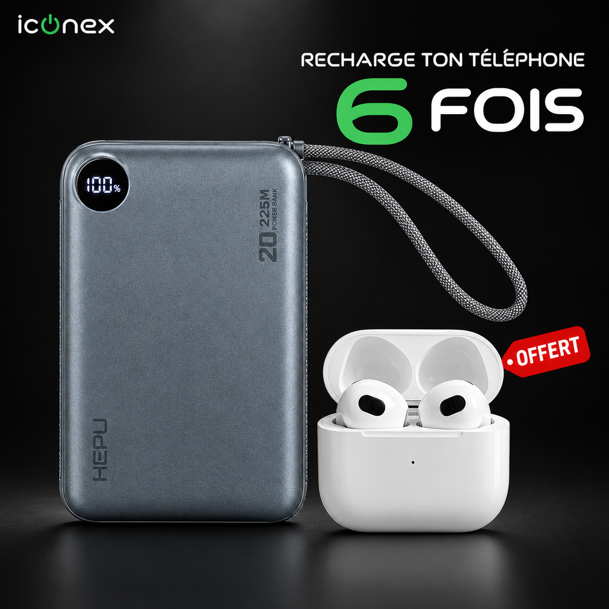 Powerbank HEPU Ultra Rapide 22,5W + Écouteur Sans Fil Offert